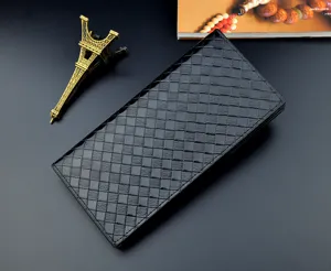 Men long woven leather wallet vintage card slots stylish business black design detail view