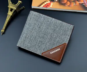 Herren Kurzbrieftasche grauer Stoff braunes Leder Kontrast Design kompaktes Visitenkarten Etui.