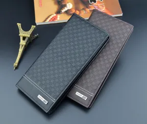 Checkered long wallet detail view showing premium soft leather and card slots design.
