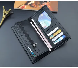 Men's stylish long black leather wallet with multiple card slots and secure zip coin pocket.