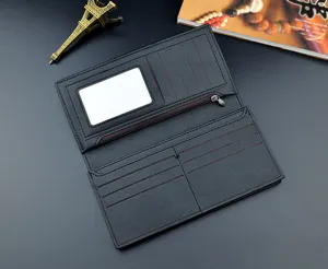 Men's long wallet detail view, showing multiple card slots, zipper pocket and ID window inside.