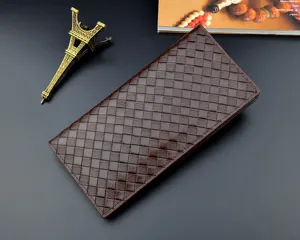 Men's long leather wallet with classic woven texture design, dark brown vintage business style.