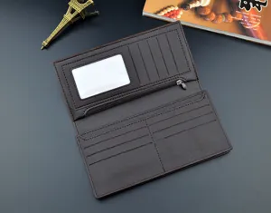 Men's long brown wallet detail showing multiple card slots, clear ID window, and zip pocket.