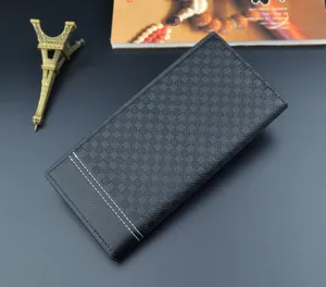 Men's black long wallet featuring a stylish grid texture and multiple card slots.
