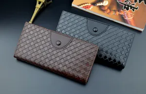 Men long woven wallet vintage PU leather large capacity multi-card slot stylish purse.