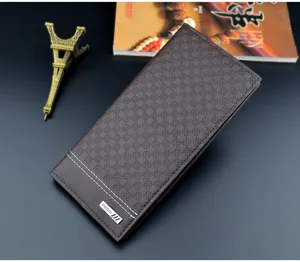 Men's long brown wallet with stylish checkered pattern, soft leather material and multiple card slots.