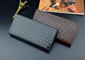 Men's long woven leather wallet with multiple card slots and classic vintage design detail.