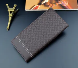 Men's long wallet detail view, premium brown soft leather, stylish grid texture and multiple card slots.