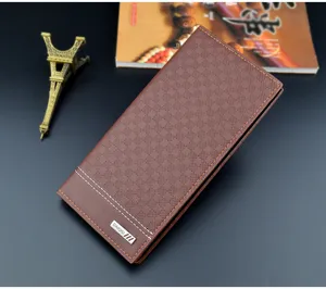 Men long wallet fashion lattice brown soft leather card holder slim business purse detail