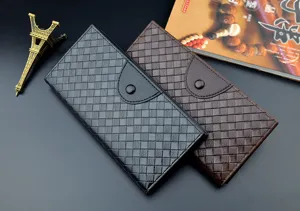 Detailed view of men's woven leather long wallet, card slots, snap closure, premium texture style.