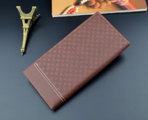 Men's long brown grid pattern slim leather wallet with multiple card slots and fine stitching details.