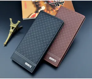 Men's long checkered wallet soft leather stylish slim card holder black brown multi-card purse