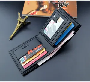 Men's short business wallet with multiple card slots and soft leather cross grain design.