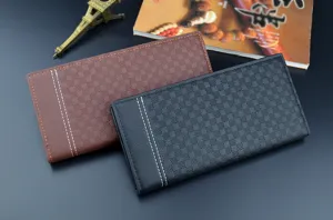 Detailed view of men's long soft leather wallet with grid pattern and card slots