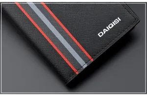 Men short black wallet with red grey stripes PU leather business card holder coin purse detail