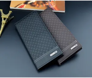 Men's long wallet PU leather check pattern card holder fashion slim business bifold purse
