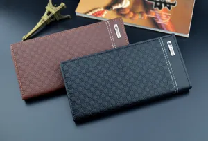 Detailed view of men's long checkered wallet in black and brown, soft leather texture.