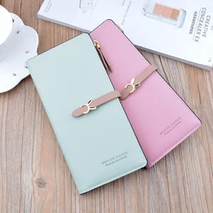 Women long wallet fashion student zipper card holder soft leather purse mint green and pink set.