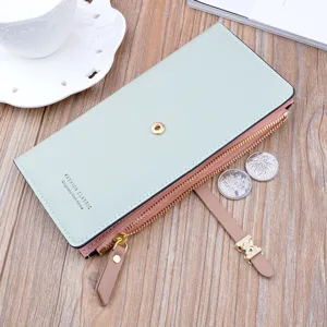Stylish long women wallet with zipper and snap closure, multiple card slots soft leather.