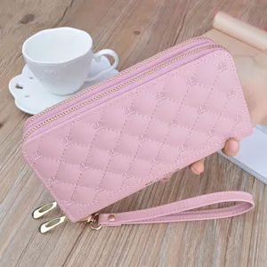 Damen Lange Brieftasche Doppelter Reißverschluss Clutch Tasche PU Leder Rauten Stickerei Krone Große Kapazität Geldbörse