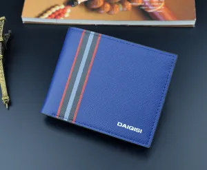 Men's short blue wallet with stylish striped pattern, compact cross-grain leather design.