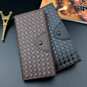 Classic woven long men's wallet with snap closure, large capacity design, premium leather material.