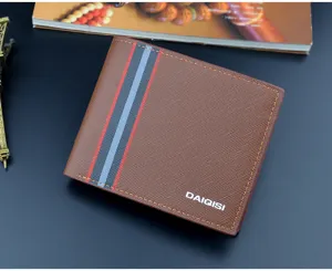 Men short wallet detail shot featuring brown cross grain leather and classic stripe pattern.