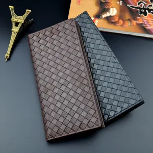 Men's long wallet vintage woven leather card holder large capacity business casual purse classy.