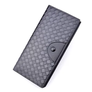 Men's black long woven leather wallet with snap closure main product view showcasing classic style.