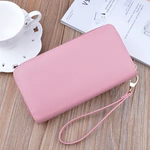 Rosa Damen Geldbörse lang mit Handschlaufe, weiches Leder doppelte Reißverschluss Tasche.