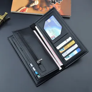 Men's long black PU leather wallet with multiple card slots and zipper pocket for daily business use.