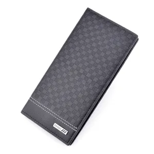 Men's long wallet stylish dark grey grid pattern leather purse card slots business casual