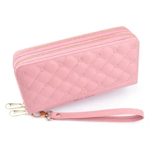 Rosa gesteppte Damen Geldbörse lang mit Doppelreißverschluss, Kronenstickerei und Handschlaufe.