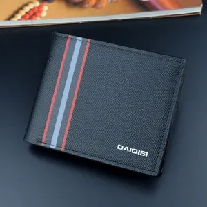 Men's short black wallet with stylish stripes and card slots, premium PU leather material.