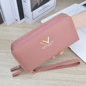 Women's Long PU Leather Wallet Double Zipper Clutch Large Capacity Minimalist Purses Multi Card Slots Phone Bag