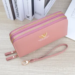 Pink double zipper long wallet for women with wrist strap stylish large capacity coin purse