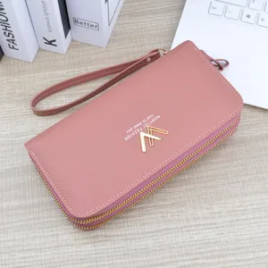 Pink double zipper women long wallet PU leather clutch bag with wrist strap daily fashion purse
