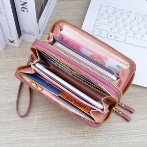 Pink double zipper long wallet for women, large capacity clutch bag with multiple card slots.