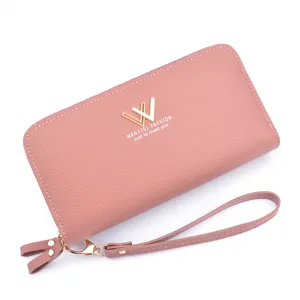 Women pink long wallet double zipper clutch purse with wrist strap large capacity phone bag