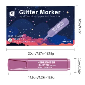 Set van 8 glitter markeerstiften beitelpunt studenten tekening kunst markeerders