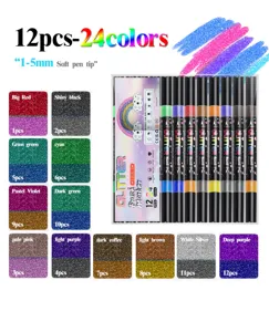 12 Stk 24 Farben Glitzer Pinselstifte mit 1-5mm weicher Spitze fuer DIY Malen und Handlettering.