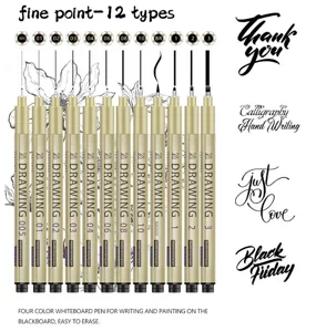 Fine tip drawing pen detail view, showcasing precision needle nibs and various sizes for art sketch.
