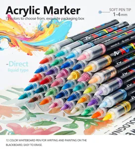 Direct liquid acrylic markers set with 72 vibrant colors and 1-4mm soft pen tips for art.