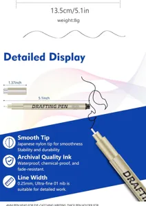 Precision drafting pen with 0.25mm ultra-fine waterproof archival ink tip for detailed art work.
