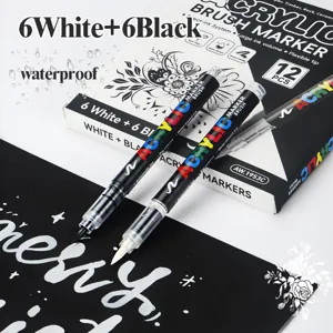 Detailed view of acrylic brush markers showing soft tip and packaging box for drawing art.