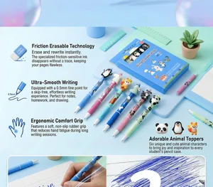 Détail de stylo gel effaçable avec adorables figurines d'animaux, pointe fine 0.5mm et prise.