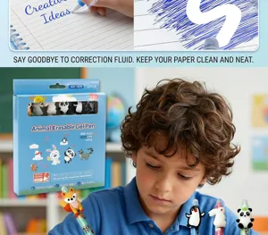 Vue détaillée du joli ensemble de stylo gel effaçable d'animal de dessin animé avec écriture douce.