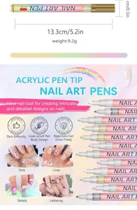 Acrylic nail art pens 12-color set detail view showing dimensions, features, and usage demo.