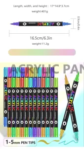 Vista detallada de rotuladores acrílicos con dimensiones del producto y puntas de 1-5 mm.