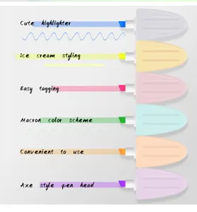 Set of 6 cute ice cream styling highlighters in pastel macaron colors with convenient axe tip.
